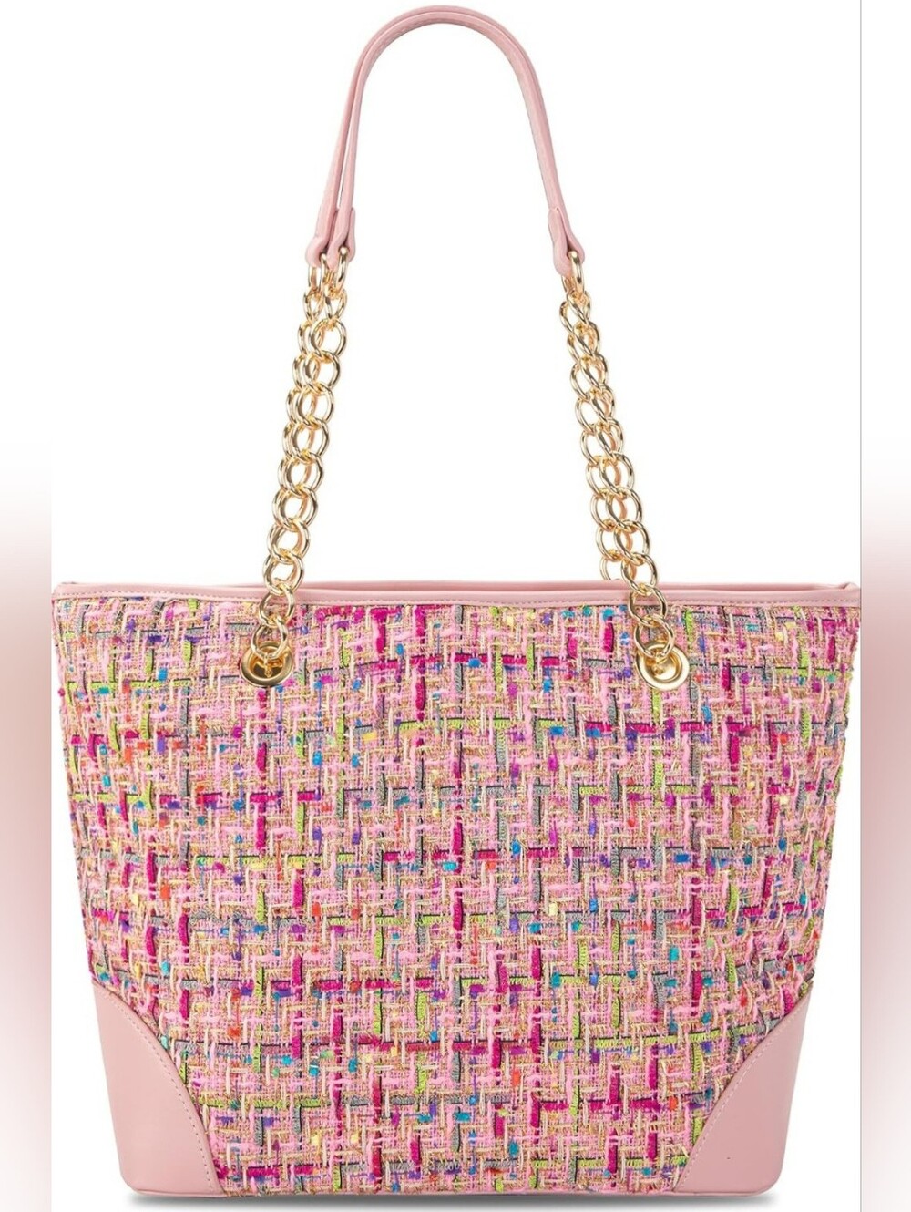 Montana West Pink Multicolor Tweed Tote with Gold Chain Straps- Fast Shipping!! - Picture 7 of 8